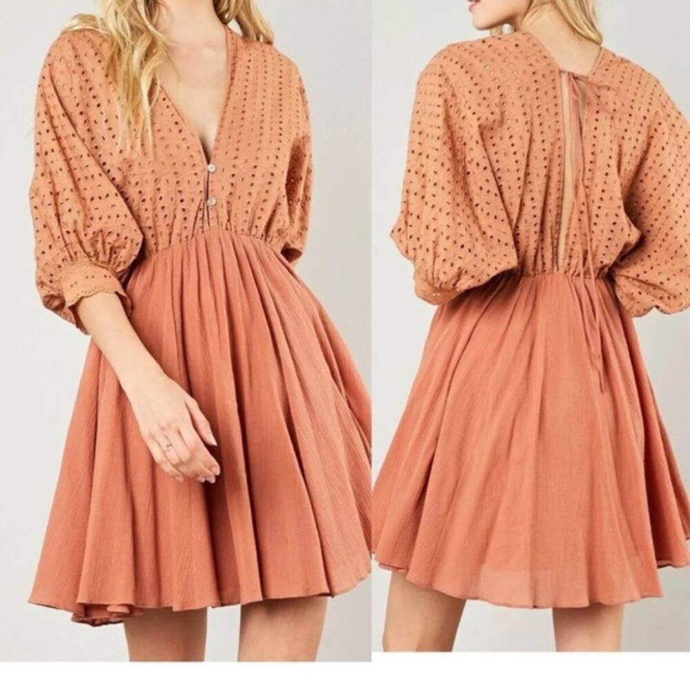 Mustard Seed Women Split Neck Cotton Mini Dress eyelet Sz small